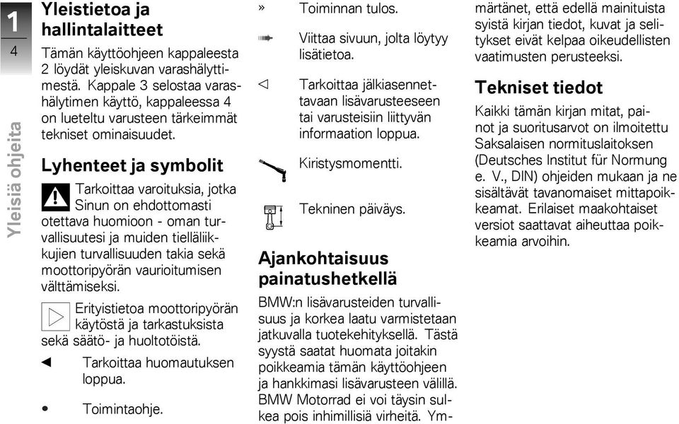 Lyhenteet ja symbolit Tarkoittaa varoituksia, jotka Sinun on ehdottomasti otettava huomioon - oman turvallisuutesi ja muiden tielläliikkujien turvallisuuden takia sekä moottoripyörän vaurioitumisen