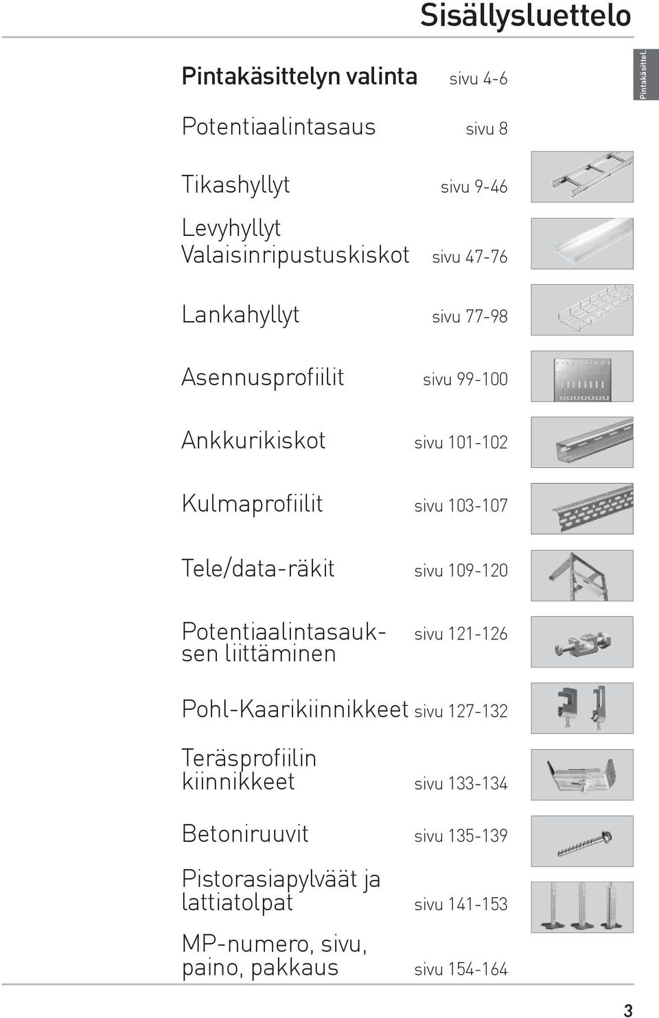 sivu 99-100 Ankkurikiskot sivu 101-102 Kulmaprofiilit sivu 103-107 Tele/data-räkit sivu 109-120 Potentiaalintasauk- sivu 121-126 sen