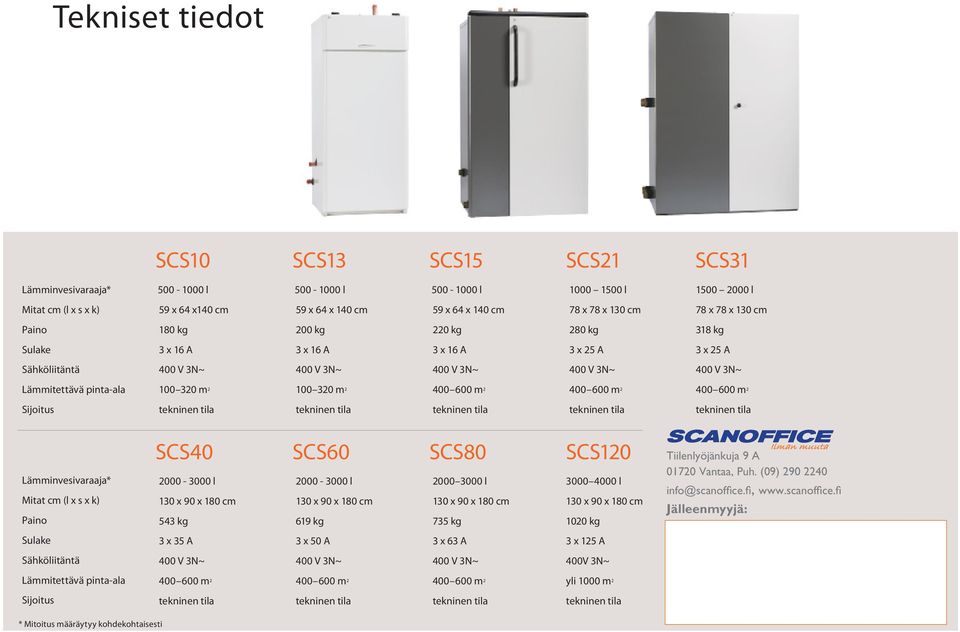 Lämminvesivaraaja* Mitat cm (l x s x k) Paino SCS40 SCS60 SCS80 SCS120 2000-3000 l 2000-3000 l 2000 3000 l 3000 4000 l 130 x 90 x 180 cm 130 x 90 x 180 cm 130 x 90 x 180 cm 130 x 90 x 180 cm 543 kg