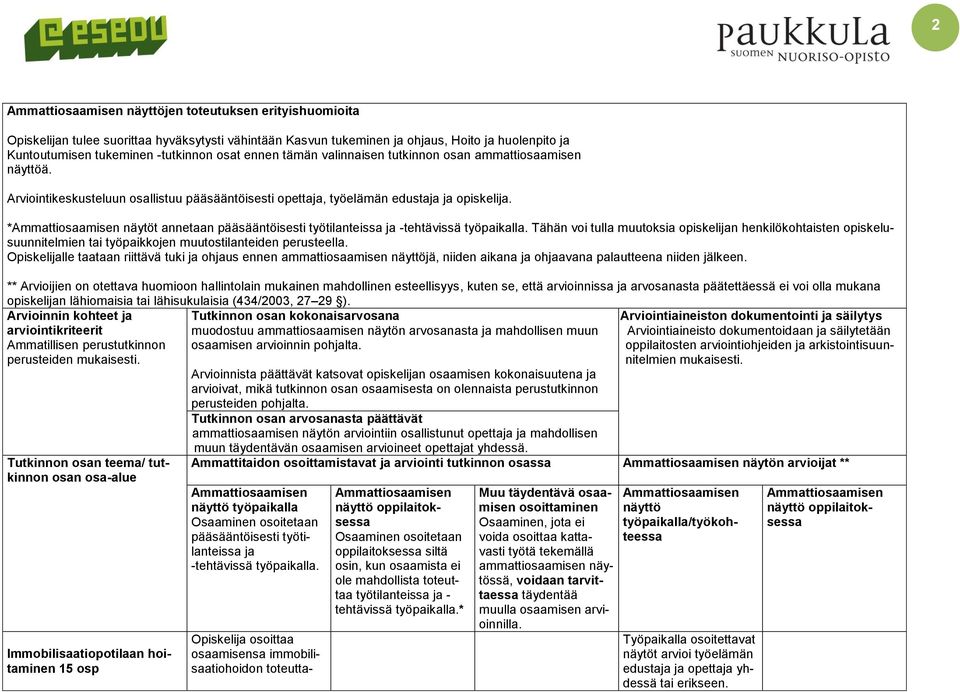 * näytöt annetaan pääsääntöisesti työtilanteissa ja -tehtävissä työpaikalla.