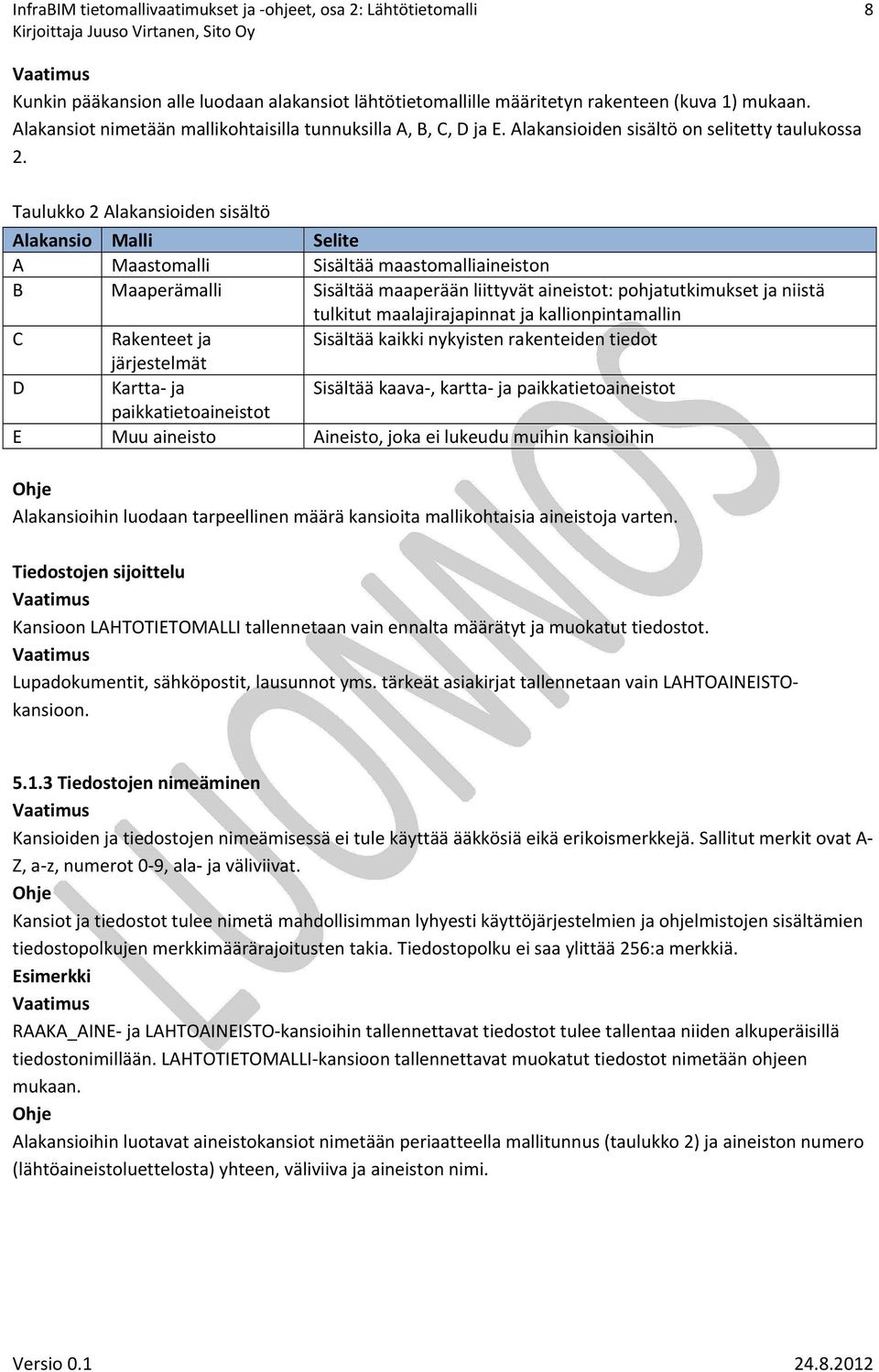 Taulukko 2 Alakansioiden sisältö Alakansio Malli Selite A Maastomalli Sisältää maastomalliaineiston B Maaperämalli Sisältää maaperään liittyvät aineistot: pohjatutkimukset ja niistä tulkitut