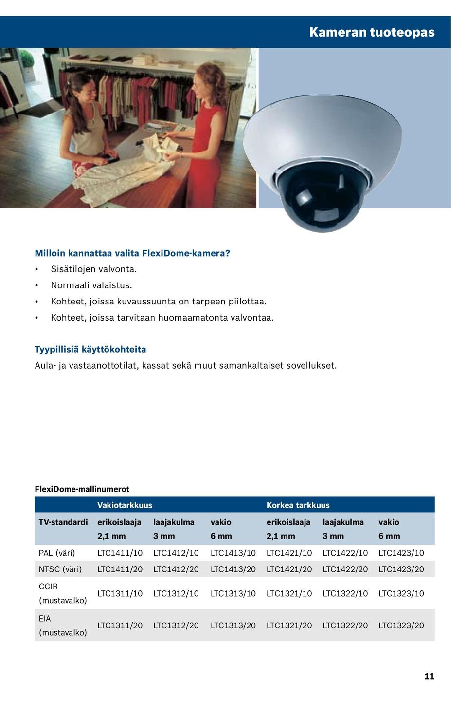 FlexiDome-mallinumerot Vakiotarkkuus Korkea tarkkuus TV-standardi erikoislaaja laajakulma vakio erikoislaaja laajakulma vakio 2,1 mm 3 mm 6 mm 2,1 mm 3 mm 6 mm PAL (väri) LTC1411/10 LTC1412/10