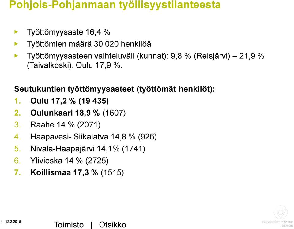 Seutukuntien työttömyysasteet (työttömät henkilöt): 1. Oulu 17,2 % (19 435) 2. Oulunkaari 18,9 % (1607) 3.