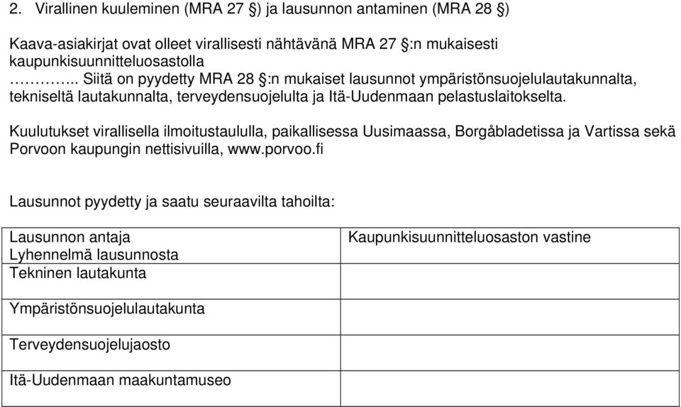 Kuulutukset virallisella ilmoitustaululla, paikallisessa Uusimaassa, Borgåbladetissa ja Vartissa sekä Porvoon kaupungin nettisivuilla, www.porvoo.