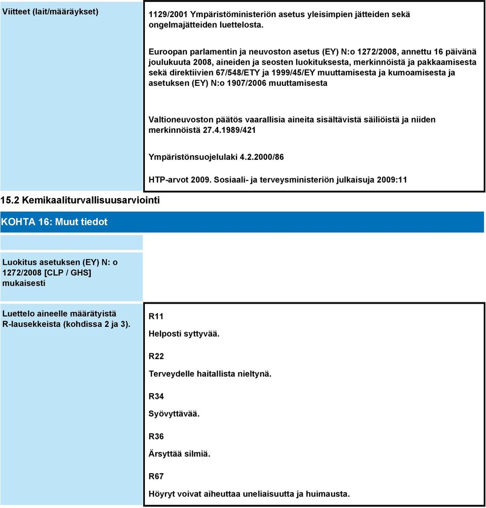 1999/45/EY muuttamisesta ja kumoamisesta ja asetuksen (EY) N:o 1907/2006 muuttamisesta Valtioneuvoston päätös vaarallisia aineita sisältävistä säiliöistä ja niiden merkinnöistä 27.4.1989/421 Ympäristönsuojelulaki 4.