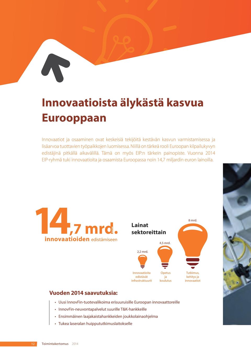 Vuonna 2014 EIP-ryhmä tuki innovaatioita ja osaamista Euroopassa noin 14,7 miljardin euron lainoilla. euroa14,7 mrd. innovaatioiden edistämiseen Lainat sektoreittain 4,5 mrd. 8 mrd. 2,2 mrd.