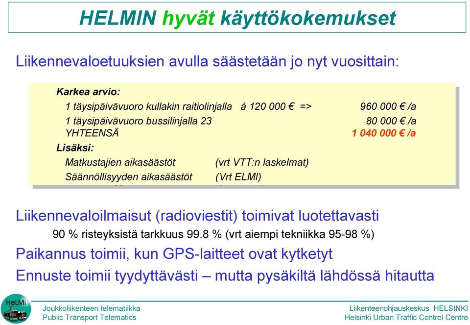 Lisäksi: Matkustajien Matkustajien aikasäästöt aikasäästöt (vrt (vrt VTT:n VTT:n laskelmat) laskelmat) Säännöllisyyden Säännöllisyyden aikasäästöt aikasäästöt (Vrt (Vrt ELMI) ELMI)