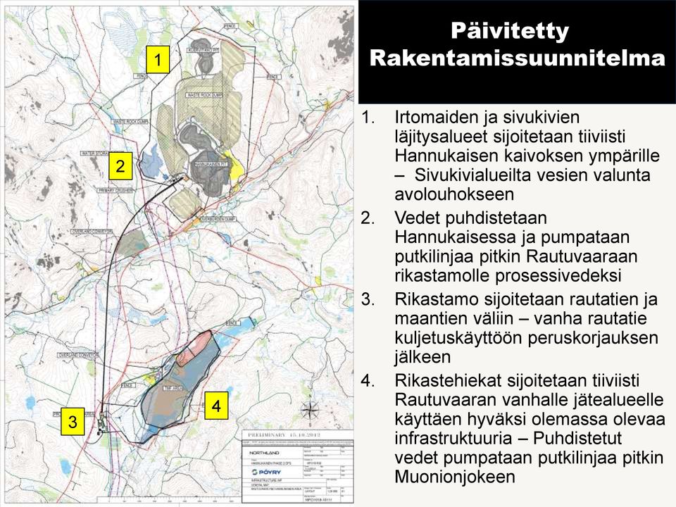 Vedet puhdistetaan Hannukaisessa ja pumpataan putkilinjaa pitkin Rautuvaaraan rikastamolle prosessivedeksi 3.