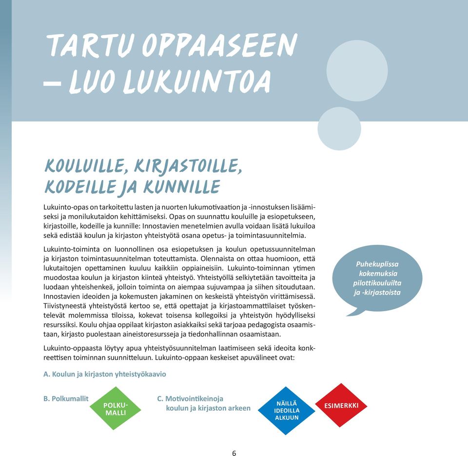 toimintasuunnitelmia. Lukuinto-toiminta on luonnollinen osa esiopetuksen ja koulun opetussuunnitelman ja kirjaston toimintasuunnitelman toteu amista.