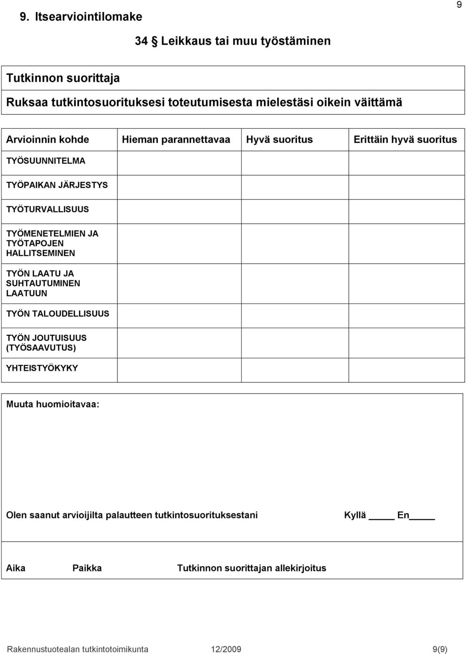 HALLITSEMINEN TYÖN LAATU JA SUHTAUTUMINEN LAATUUN TYÖN TALOUDELLISUUS TYÖN JOUTUISUUS (TYÖSAAVUTUS) YHTEISTYÖKYKY Muuta huomioitavaa: Olen