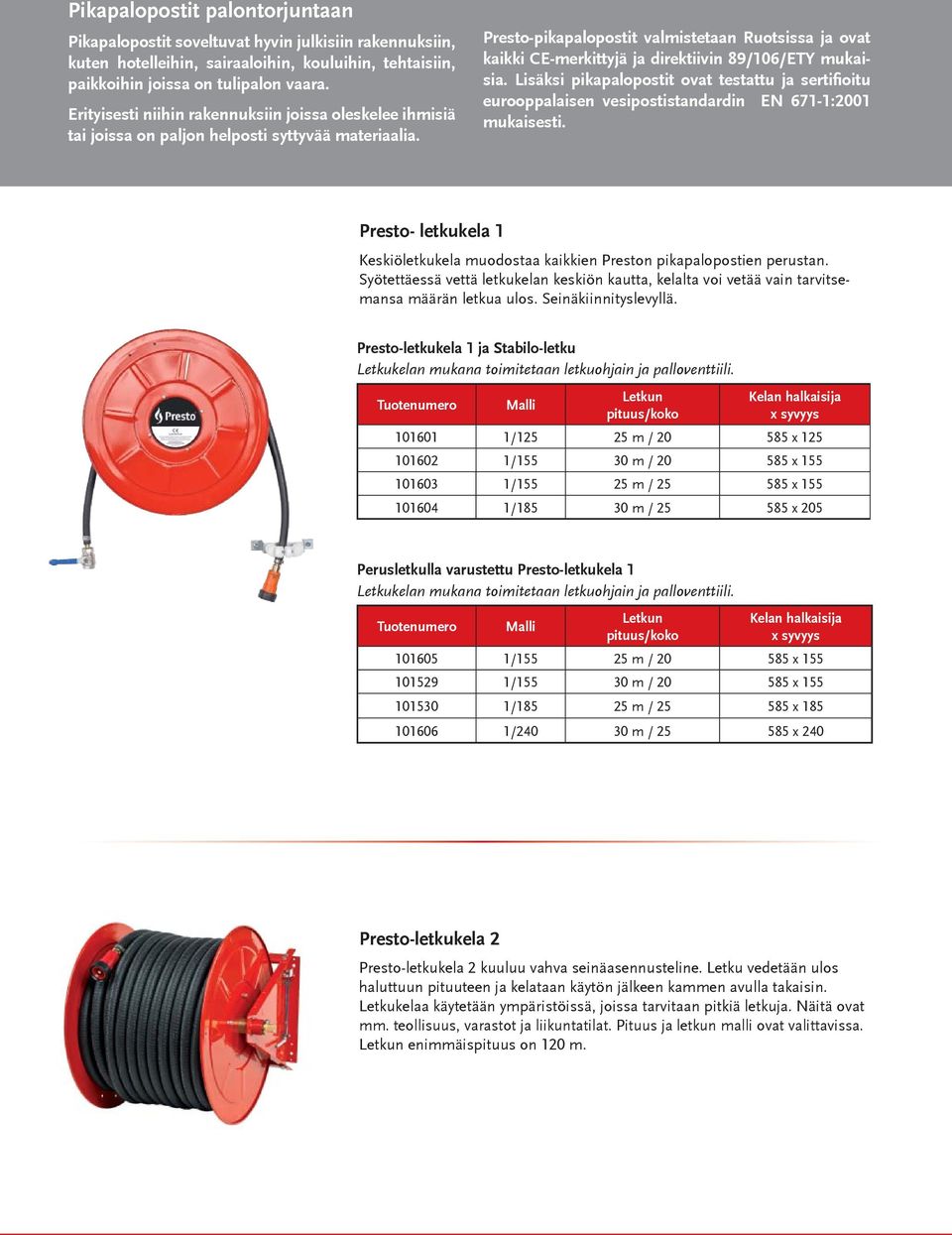 Presto-pikapalopostit valmistetaan Ruotsissa ja ovat kaikki CE-merkittyjä ja direktiivin 89/106/ETY mukaisia.