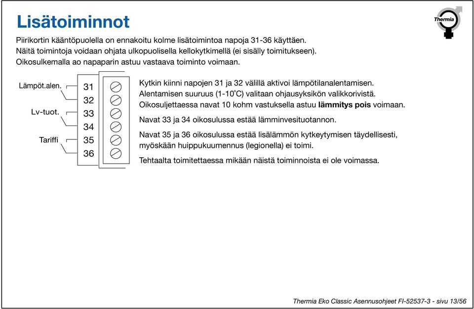 Alentamisen suuruus (1-10 C) valitaan ohjausyksikön valikkorivistä. Oikosuljettaessa navat 10 kohm vastuksella astuu lämmitys pois voimaan. Navat 33 ja 34 oikosulussa estää lämminvesituotannon.