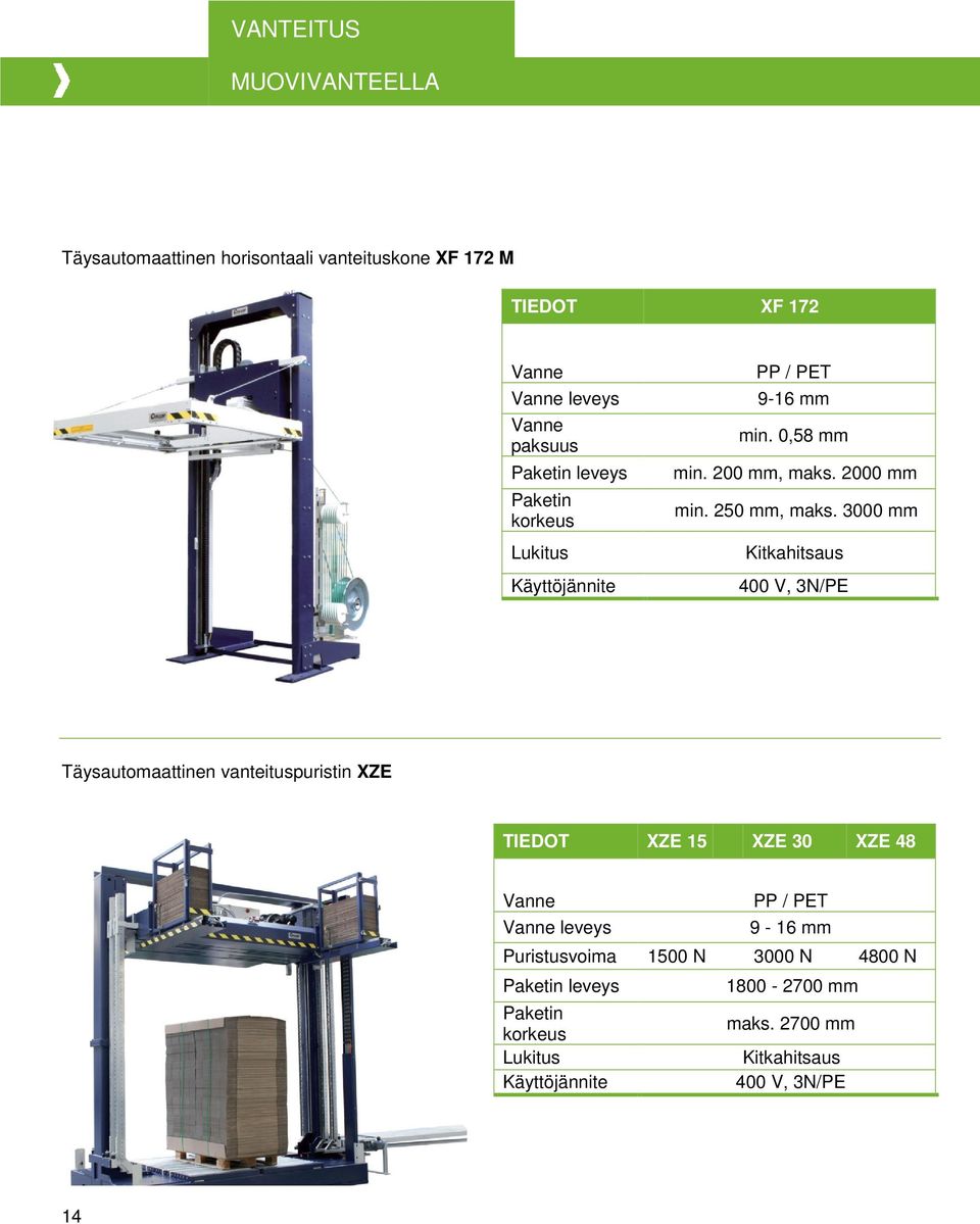 3000 mm Kitkahitsaus 400 V, 3N/PE Täysautomaattinen vanteituspuristin XZE XZE 15 XZE 30 XZE 48 PP / PET leveys 9-16 mm