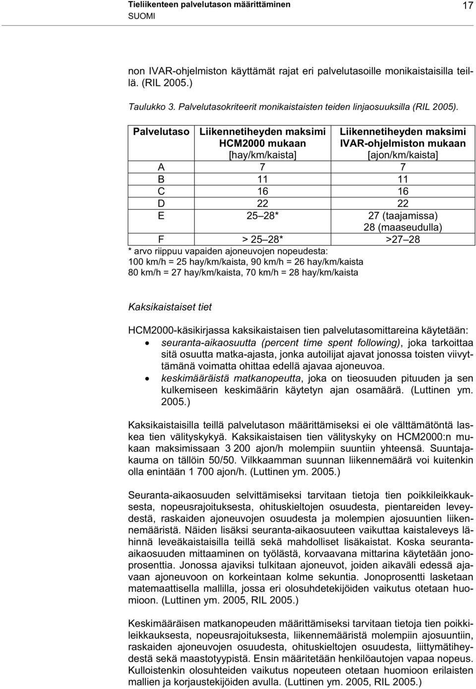Palvelutaso Liikennetiheyden maksimi HCM2000 mukaan [hay/km/kaista] Liikennetiheyden maksimi IVAR-ohjelmiston mukaan [ajon/km/kaista] A 7 7 B 11 11 C 16 16 D 22 22 E 25 28* 27 (taajamissa) 28