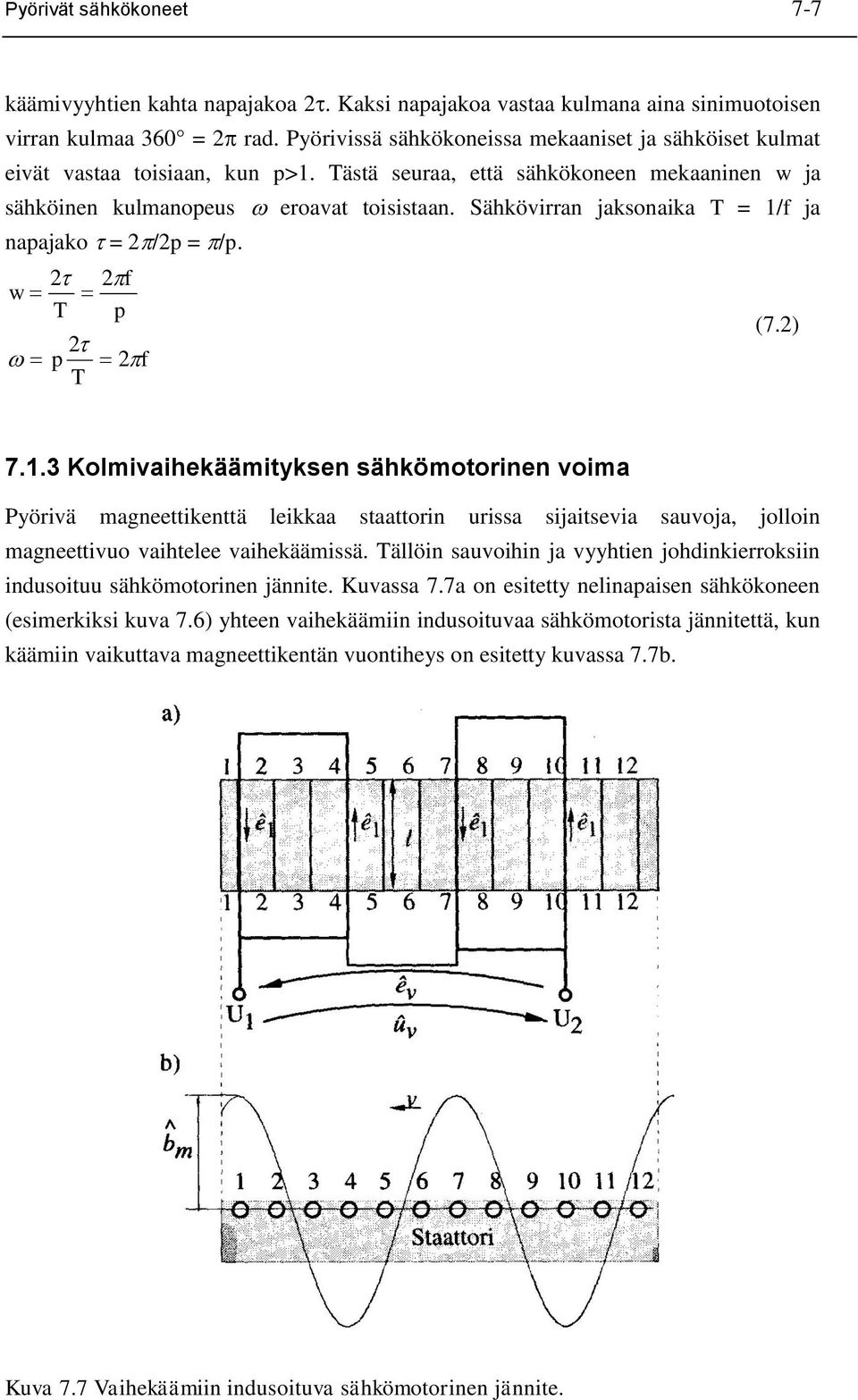 Sähkövirran jakonaika T = 1/f ja napajako = 2/2p = /p. 2 2f w T p (7.2) 2 p 2f T 7.1.3 Kolmivaihekäämityken ähkömotorinen voima Pyörivä magneettikenttä leikkaa taattorin uria ijaitevia auvoja, jolloin magneettivuo vaihtelee vaihekäämiä.