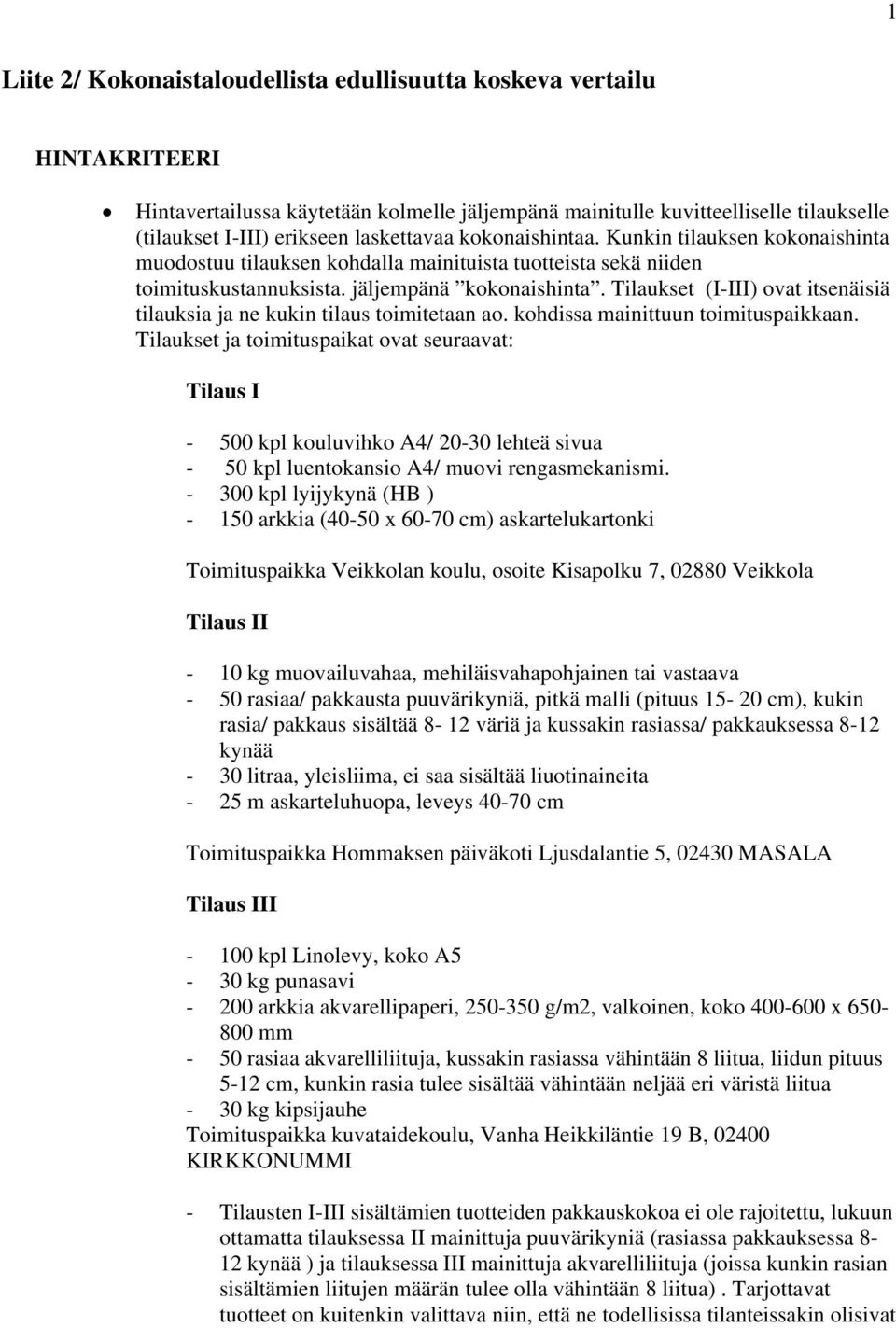 Tilaukset (I-III) ovat itsenäisiä tilauksia ja ne kukin tilaus toimitetaan ao. kohdissa mainittuun toimituspaikkaan.