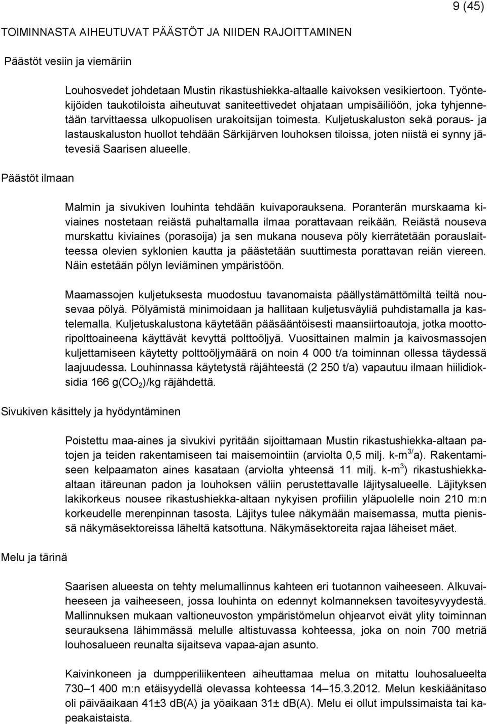Kuljetuskaluston sekä poraus- ja lastauskaluston huollot tehdään Särkijärven louhoksen tiloissa, joten niistä ei synny jätevesiä Saarisen alueelle.