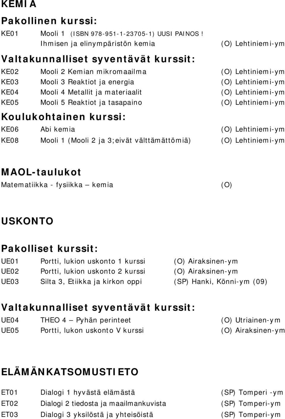 Lehtiniemi-ym KE05 Mooli 5 Reaktiot ja tasapaino (O) Lehtiniemi-ym Koulukohtainen kurssi: KE06 Abi kemia (O) Lehtiniemi-ym KE08 Mooli 1 (Mooli 2 ja 3;eivät välttämättömiä) (O) Lehtiniemi-ym