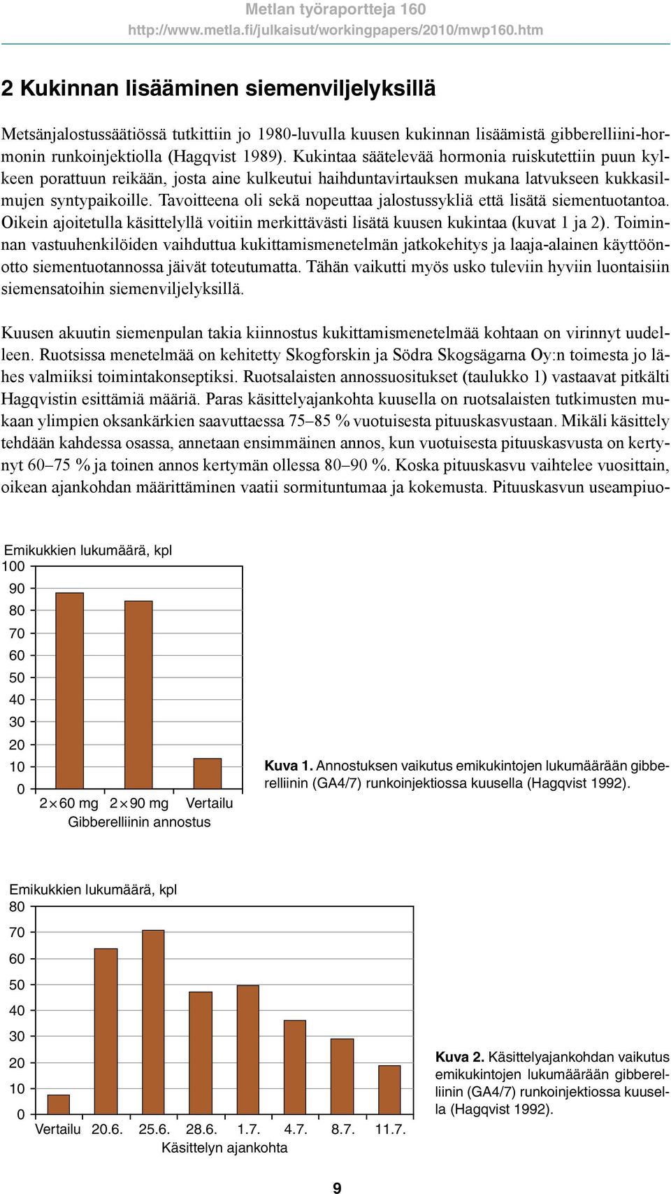 Tavoitteena oli sekä nopeuttaa jalostussykliä että lisätä siementuotantoa. Oikein ajoitetulla käsittelyllä voitiin merkittävästi lisätä kuusen kukintaa (kuvat 1 ja 2).