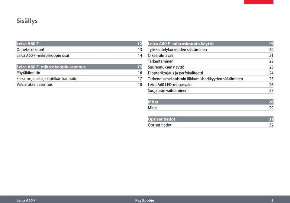 Valaistuksen asennus 18 Leica A60 F -mikroskoopin käyttö 19 Työskentelykorkeuden säätäminen 20 Oikea silmäväli 21 Tarkentaminen 22