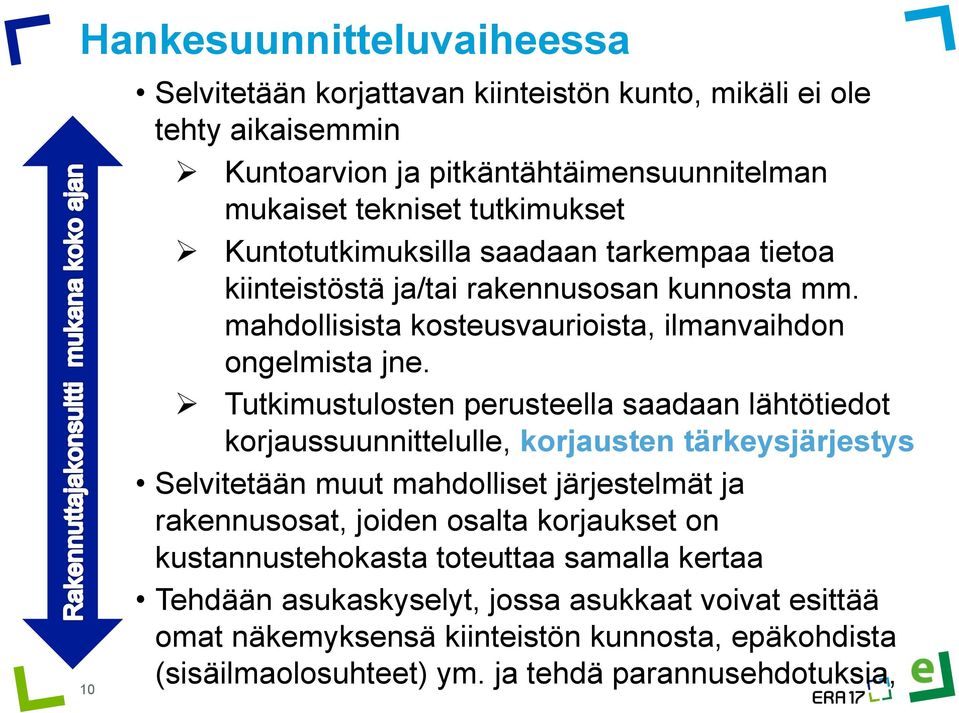 Tutkimustulosten perusteella saadaan lähtötiedot korjaussuunnittelulle, korjausten tärkeysjärjestys Selvitetään muut mahdolliset järjestelmät ja rakennusosat, joiden osalta