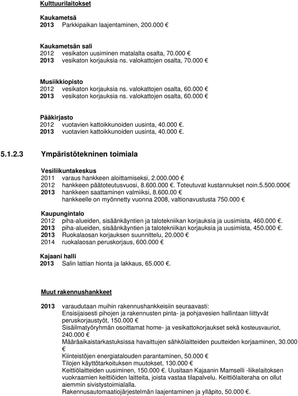 000. 5.1.2.3 Ympäristötekninen toimiala Vesiliikuntakeskus 2011 varaus hankkeen aloittamiseksi, 2.000.000 2012 hankkeen päätoteutusvuosi, 8.600.000. Toteutuvat kustannukset noin.5.500.