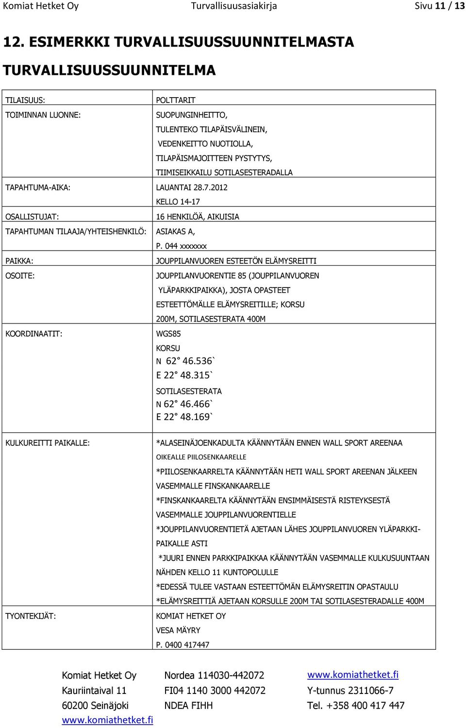 TIIMISEIKKAILU SOTILASESTERADALLA TAPAHTUMA-AIKA: LAUANTAI 28.7.2012 OSALLISTUJAT: KELLO 14-17 TAPAHTUMAN TILAAJA/YHTEISHENKILÖ: ASIAKAS A, PAIKKA: OSOITE: KOORDINAATIT: 16 HENKILÖÄ, AIKUISIA P.