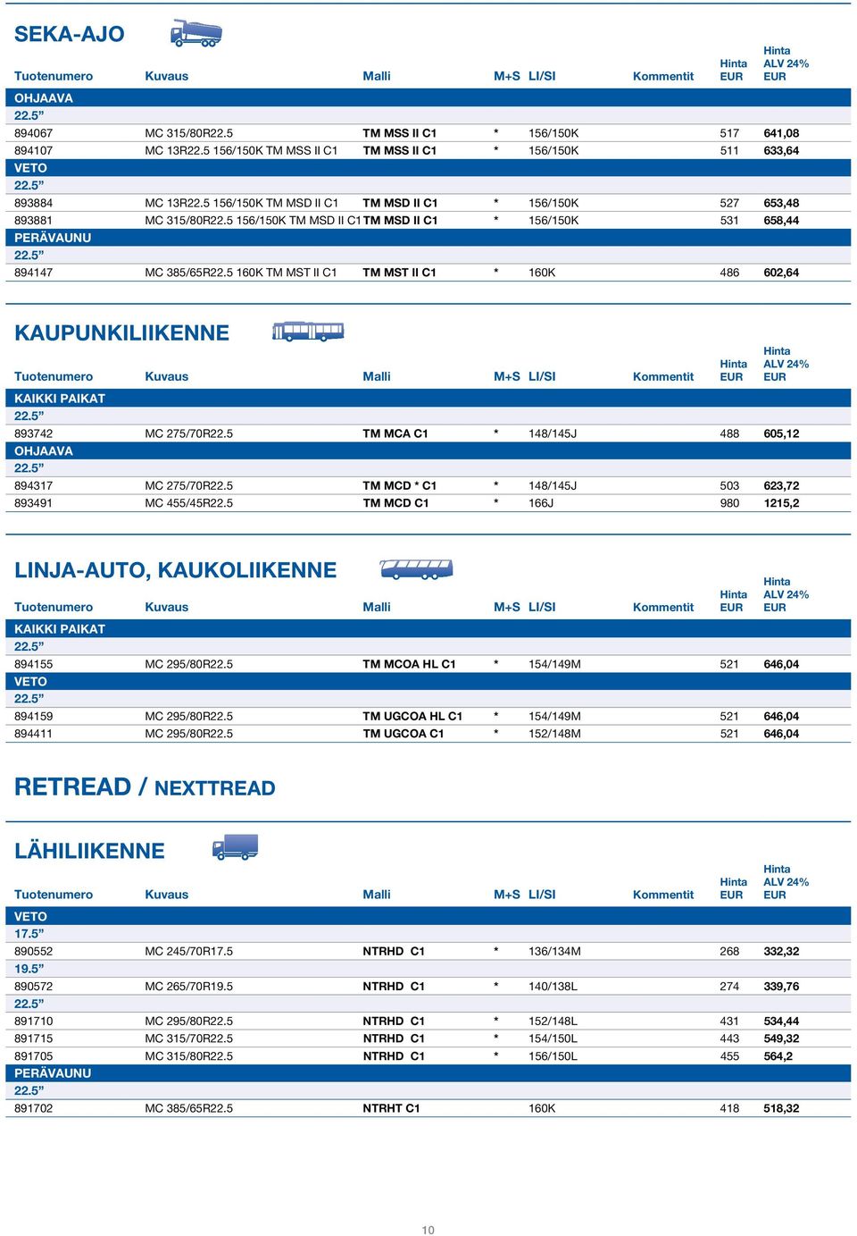 5 160K TM MST II C1 TM MST II C1 * 160K 486 602,64 KAUPUNKILIIKENNE KAIKKI PAIKAT 893742 MC 275/70R22.5 TM MCA C1 * 148/145J 488 605,12 894317 MC 275/70R22.