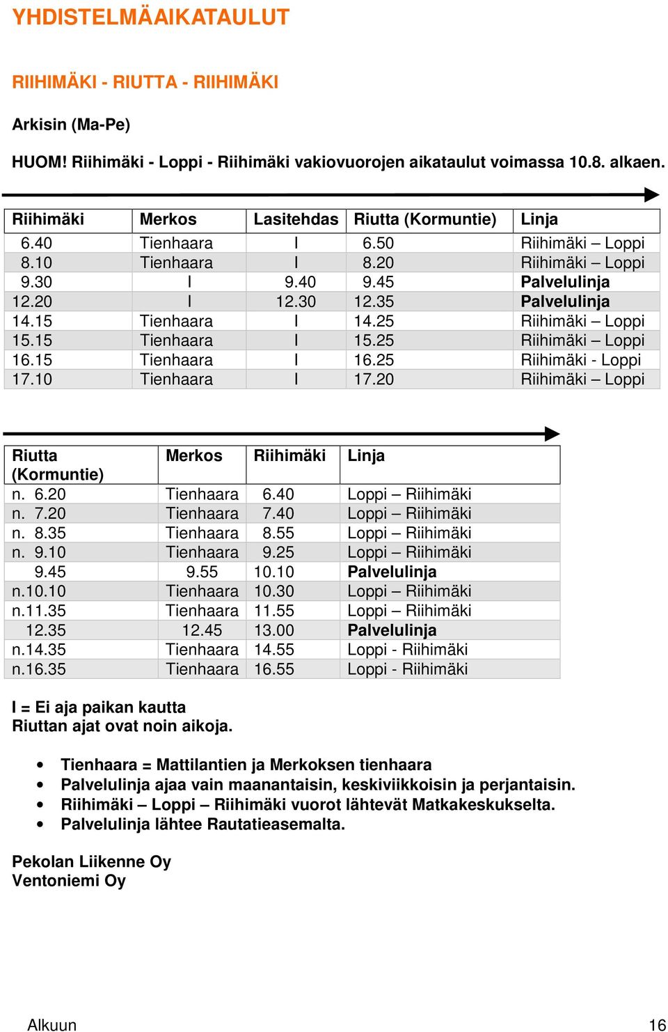 25 Riihimäki Loppi 16.15 Tienhaara I 16.25 Riihimäki - Loppi 17.10 Tienhaara I 17.20 Riihimäki Loppi Riutta Merkos Riihimäki Linja (Kormuntie) n. 6.20 Tienhaara 6.40 Loppi Riihimäki n. 7.