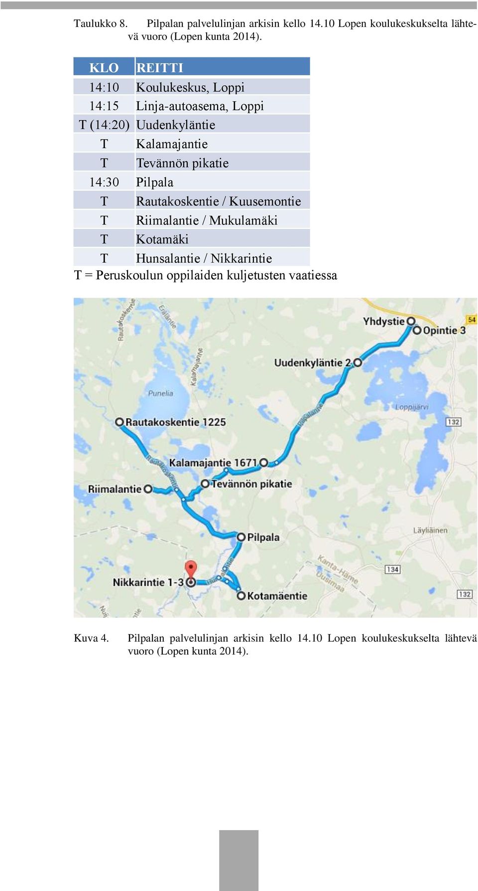 14:30 Pilpala T Rautakoskentie / Kuusemontie T Riimalantie / Mukulamäki T Kotamäki T Hunsalantie / Nikkarintie T =