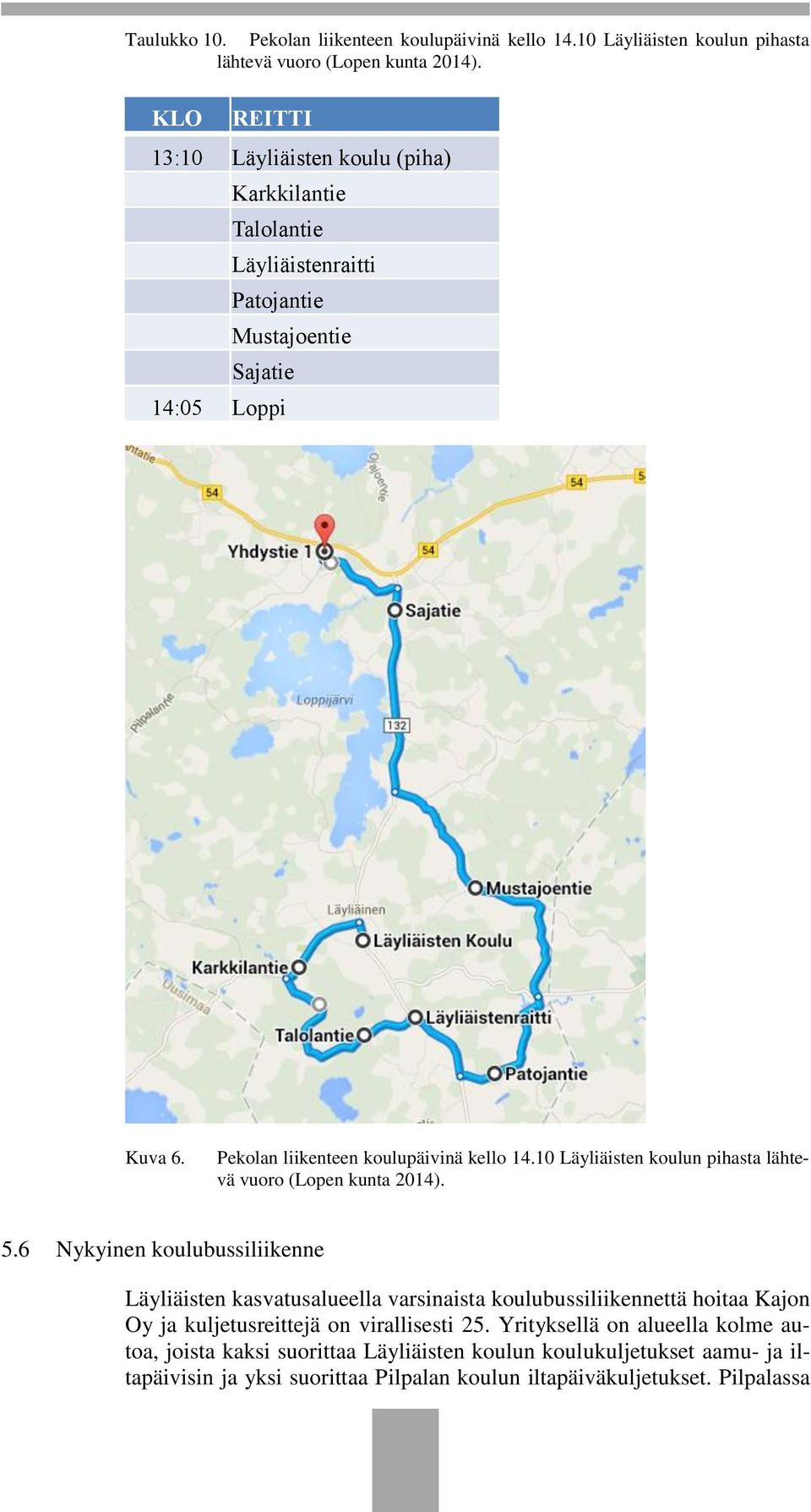 Pekolan liikenteen koulupäivinä kello 14.10 Läyliäisten koulun pihasta lähtevä vuoro (Lopen kunta 2014). 5.