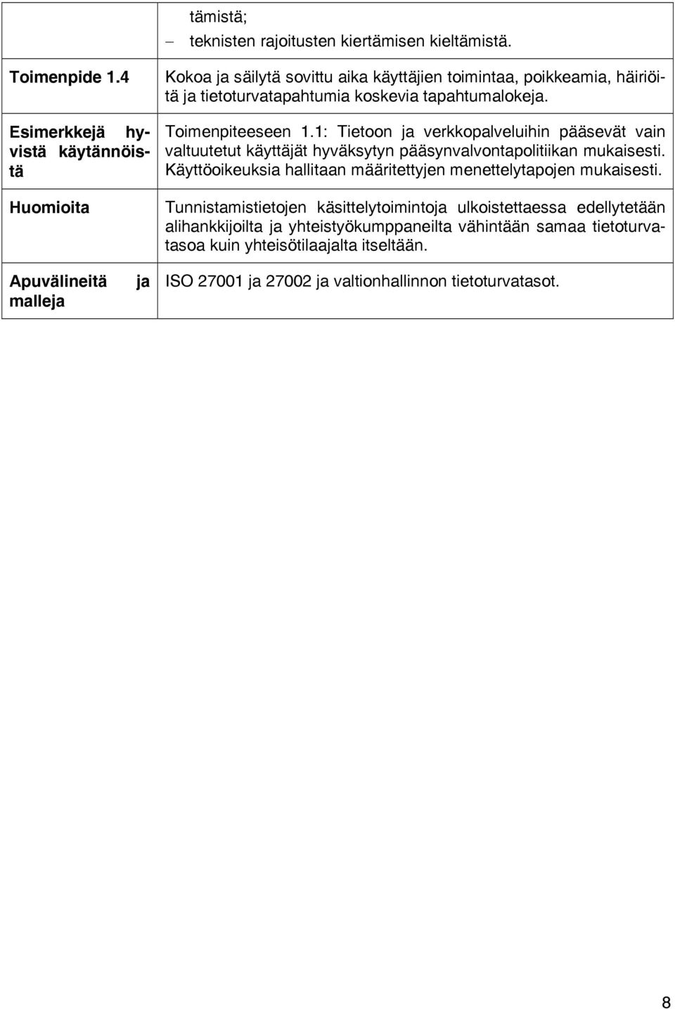 Toimenpiteeseen 1.1: Tietoon ja verkkopalveluihin pääsevät vain valtuutetut käyttäjät hyväksytyn pääsynvalvontapolitiikan mukaisesti.