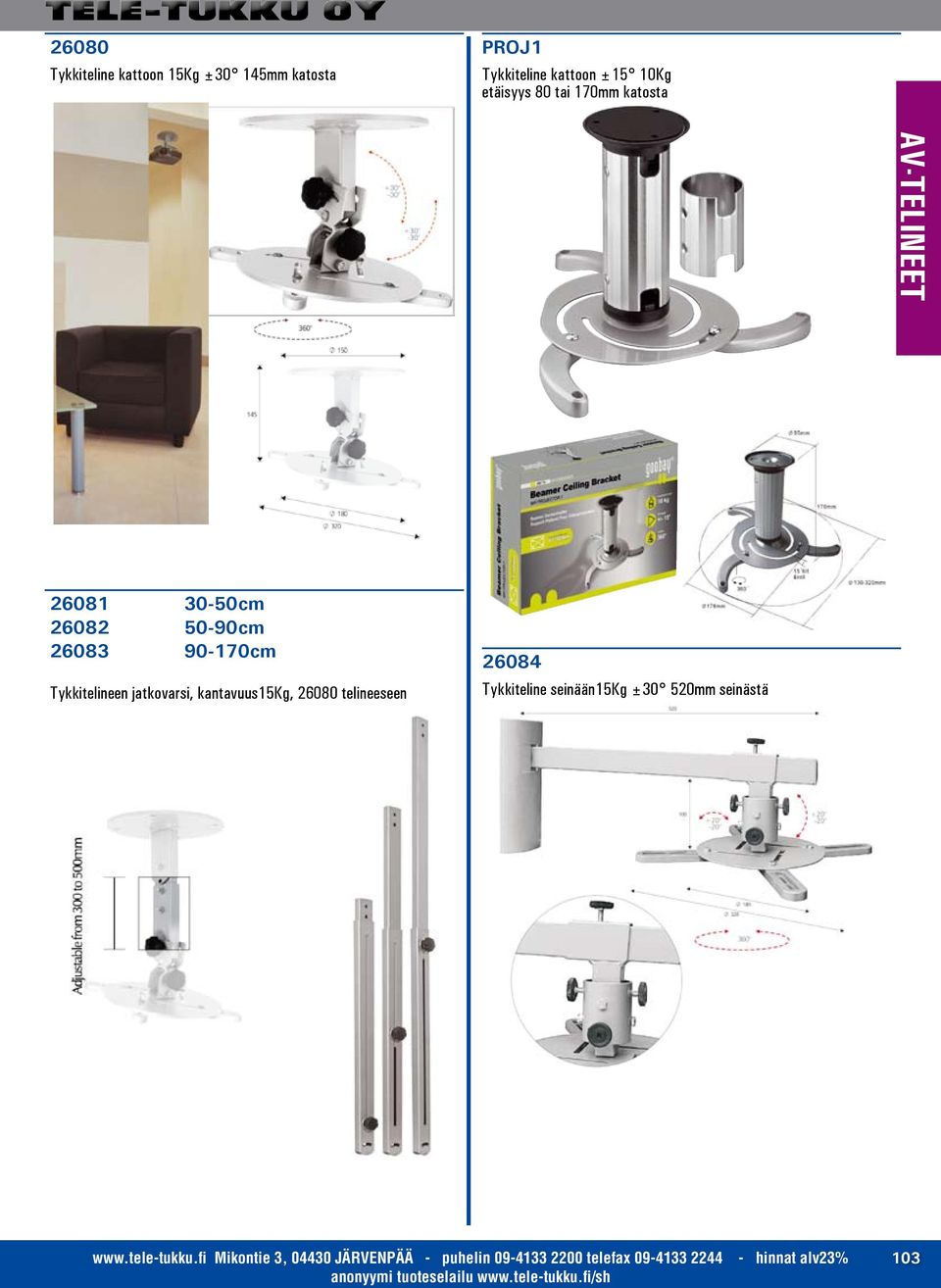 kantavuus15kg, 26080 telineeseen 26084 Tykkiteline seinään15kg ±30 520mm seinästä www.