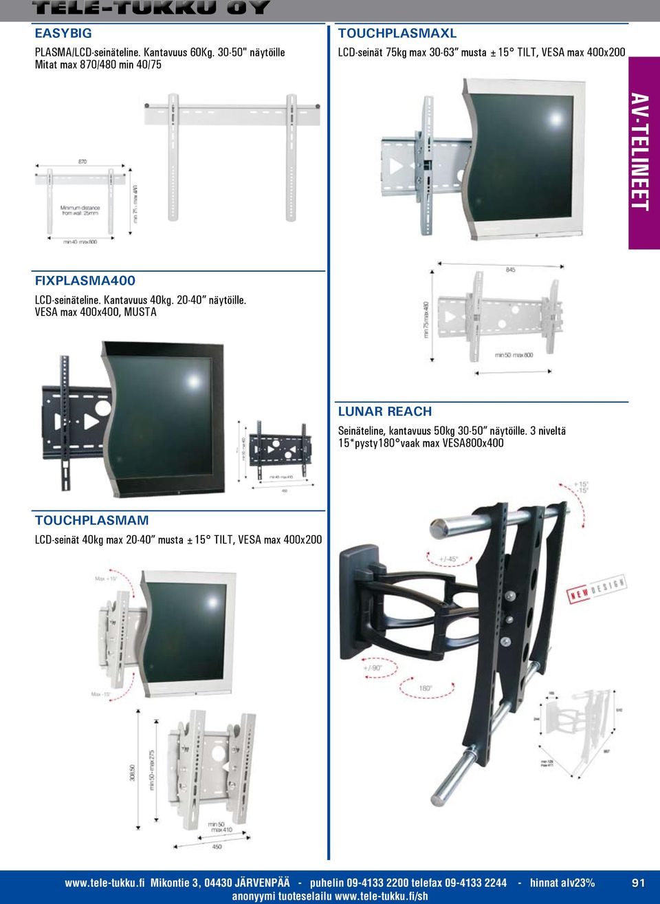 LCD-seinäteline. Kantavuus 40kg. 20-40 näytöille. VESA max 400x400, MUSTA LUNAR REACH Seinäteline, kantavuus 50kg 30-50 näytöille.