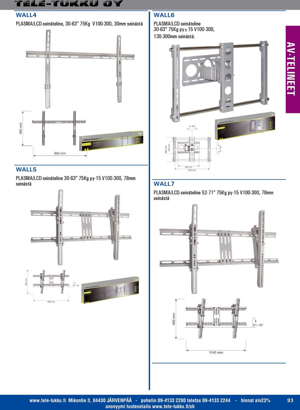 WALL5 PLASMA/LCD-seinäteline 30-63 75Kg py-15 V100-300, 78mm seinästä WALL7