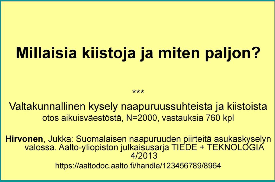 aikuisväestöstä, N=2000, vastauksia 760 kpl Hirvonen, Jukka: Suomalaisen