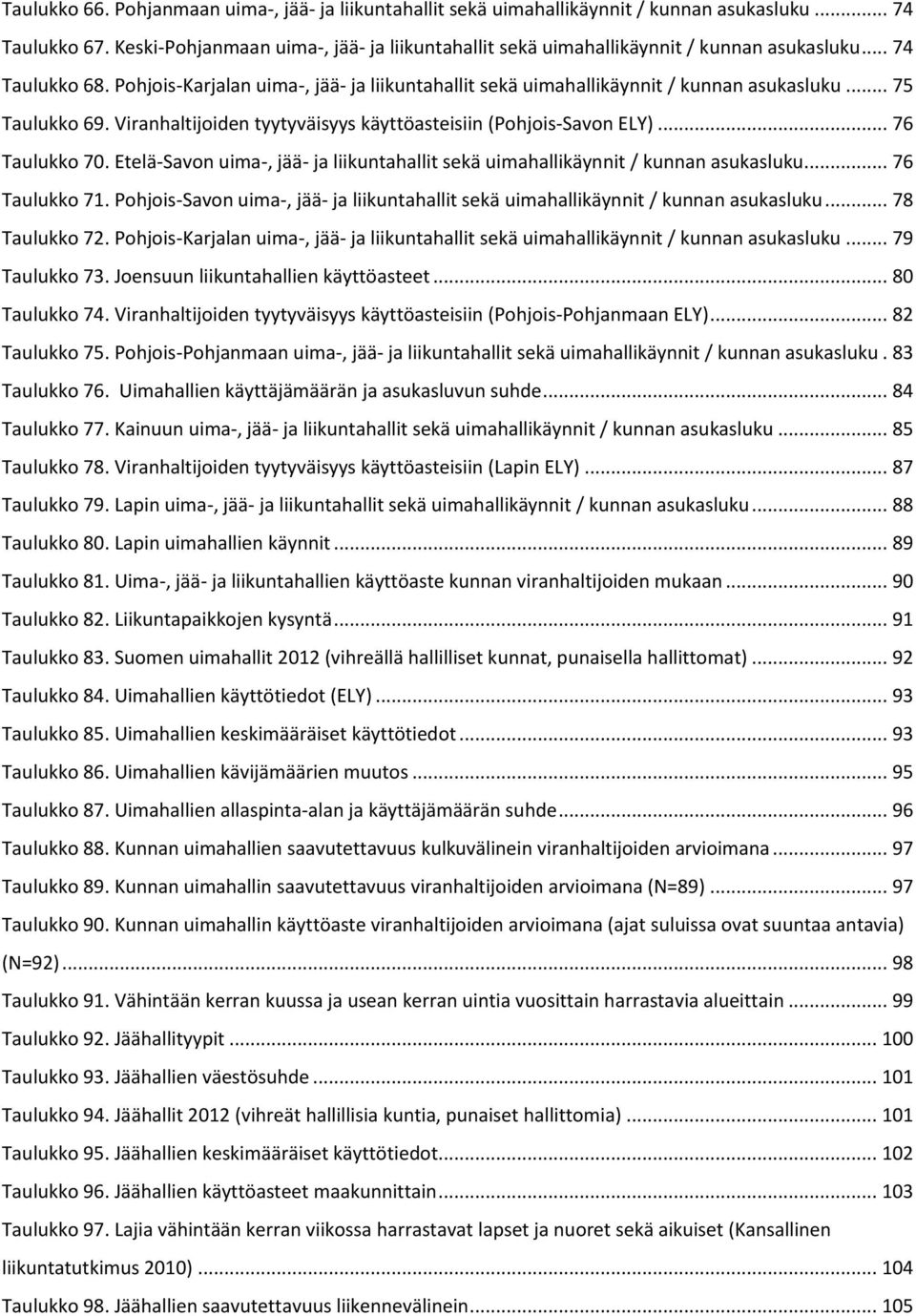 .. 75 Taulukko 69. Viranhaltijoiden tyytyväisyys käyttöasteisiin (Pohjois-Savon ELY)... 76 Taulukko 70. Etelä-Savon uima-, jää- ja liikuntahallit sekä uimahallikäynnit / kunnan asukasluku.