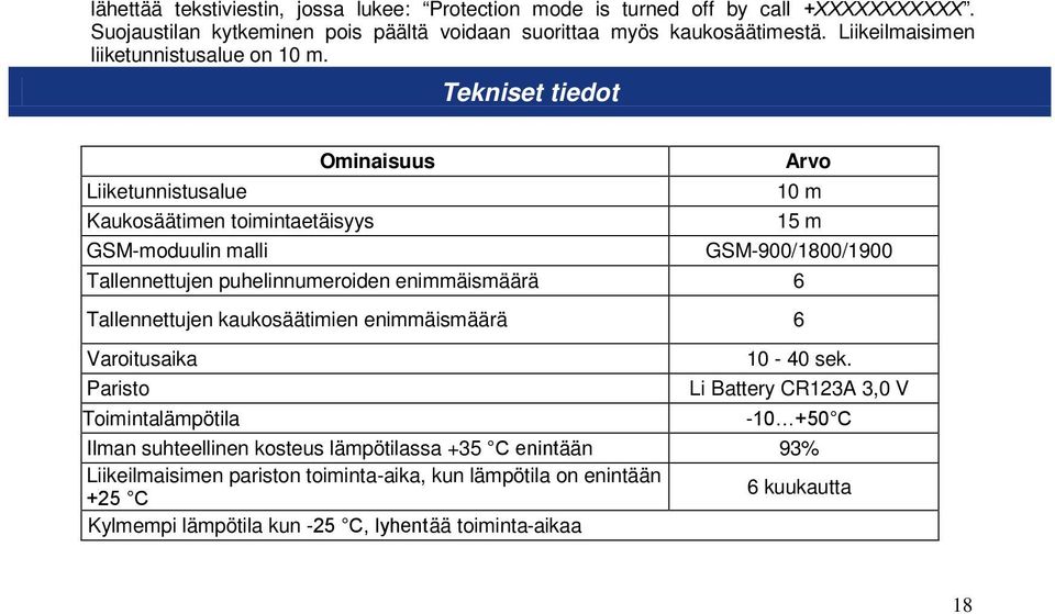 Tekniset tiedot Ominaisuus Arvo Liiketunnistusalue 10 m Kaukosäätimen toimintaetäisyys 15 m GSM-moduulin malli GSM-900/1800/1900 Tallennettujen puhelinnumeroiden enimmäismäärä 6