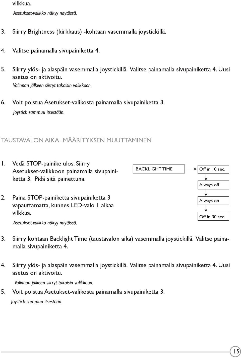 Voit poistua Asetukset-valikosta painamalla sivupainiketta 3. Joystick sammuu itsestään. TAUSTAVALON AIKA -MÄÄRITYKSEN MUUTTAMINEN 1. Vedä STOP-painike ulos.