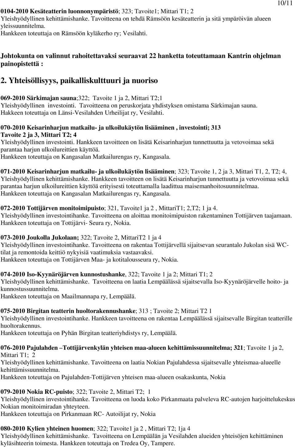 Yhteisöllisyys, paikalliskulttuuri ja nuoriso 069-200 Särkimajan sauna;322; Tavoite ja 2, Mittari T2; Yleishyödyllinen investointi. Tavoitteena on peruskorjata yhdistyksen omistama Särkimajan sauna.