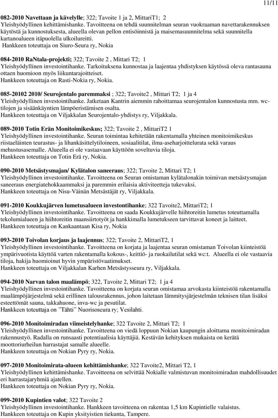 itäpuolella ulkoilureitti. Hankkeen toteuttaja on Siuro-Seura ry, Nokia 084-200 RaNtala-projekti; 322; Tavoite 2, Mittari T2; Yleishyödyllinen investointihanke.