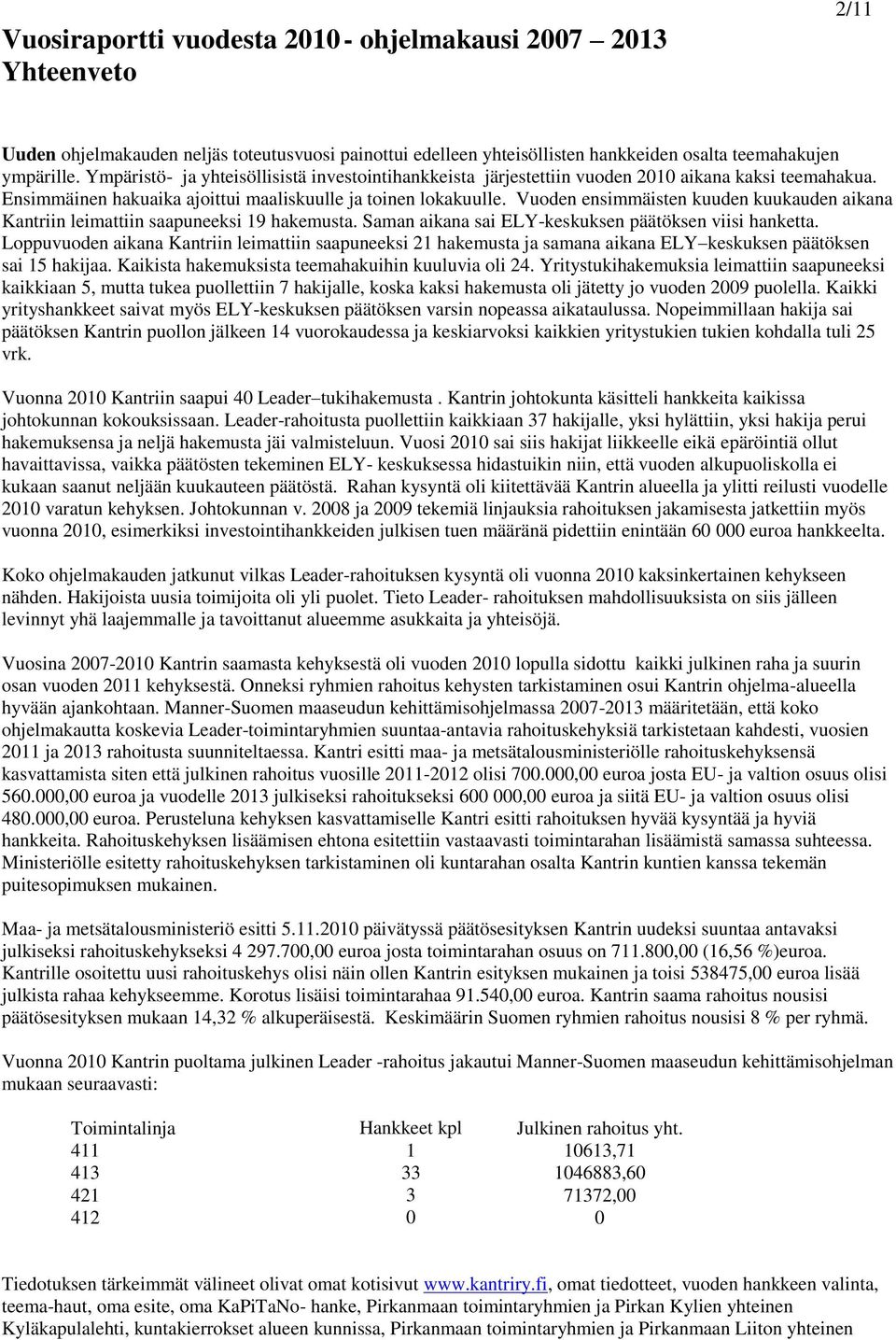 Vuoden ensimmäisten kuuden kuukauden aikana Kantriin leimattiin saapuneeksi 9 hakemusta. Saman aikana sai ELY-keskuksen päätöksen viisi hanketta.