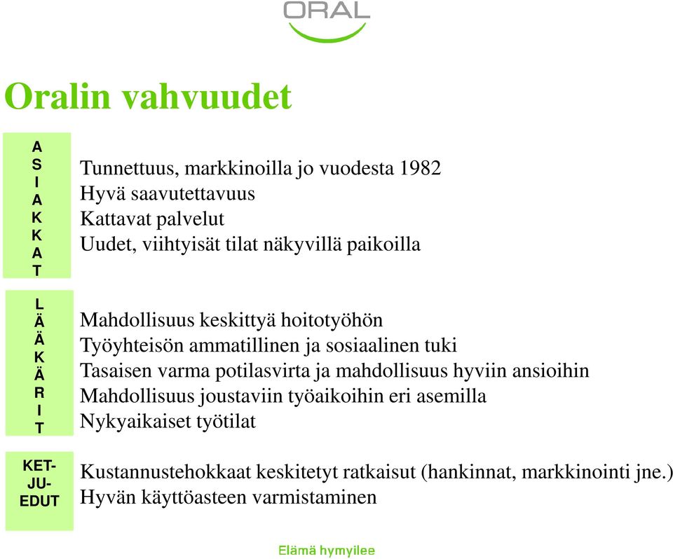 sosiaalinen tuki Tasaisen varma potilasvirta ja mahdollisuus hyviin ansioihin Mahdollisuus joustaviin työaikoihin eri