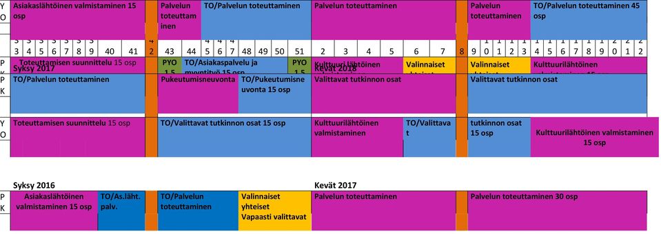 Toteuttamisen suunnittelu 15 osp PYO TO/Asiakaspalvelu ja PYO Syksy 2017 Kevät Kulttuuri 2018 lähtöinen Valinnaiset Valinnaiset Kulttuurilähtöinen 1,5 myyntityö 15 osp 1,5 valmistaminen yhteiset