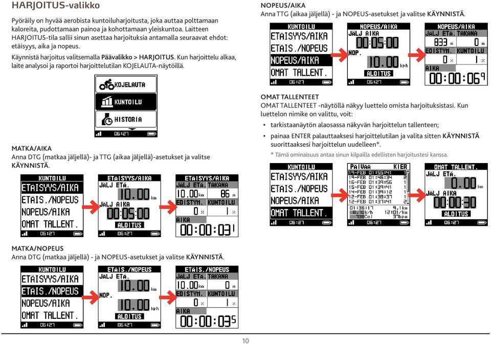 Kun hrjoittelu lk, lite nlysoi j rportoi hrjoittelutiln KOJELAUTA-näytöillä. NOPEUS/AIKA Ann TTG (ik jäljellä) - j NOPEUS-setukset j vlitse KÄYNNISTÄ.
