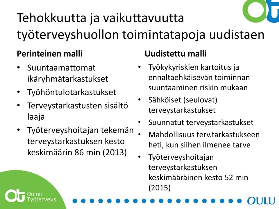 Uudistettu malli Työkykyriskien kartoitus ja ennaltaehkäisevän toiminnan suuntaaminen riskin mukaan Sähköiset (seulovat) terveystarkastukset