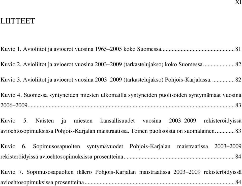 Naisten ja miesten kansallisuudet vuosina 2003 2009 rekisteröidyissä avioehtosopimuksissa Pohjois-Karjalan maistraatissa. Toinen puolisoista on suomalainen.... 83 Kuvio 6.