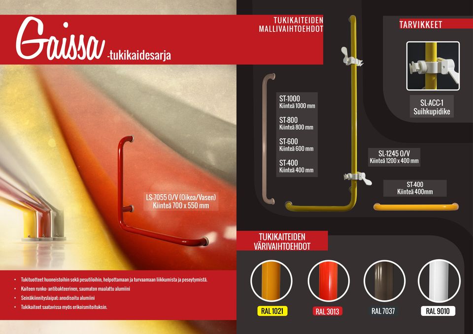 VÄRIVAIHTOEHDOT Tukituotteet huoneistoihin sekä pesutiloihin, helpottamaan ja turvaamaan liikkumista ja peseytymistä.