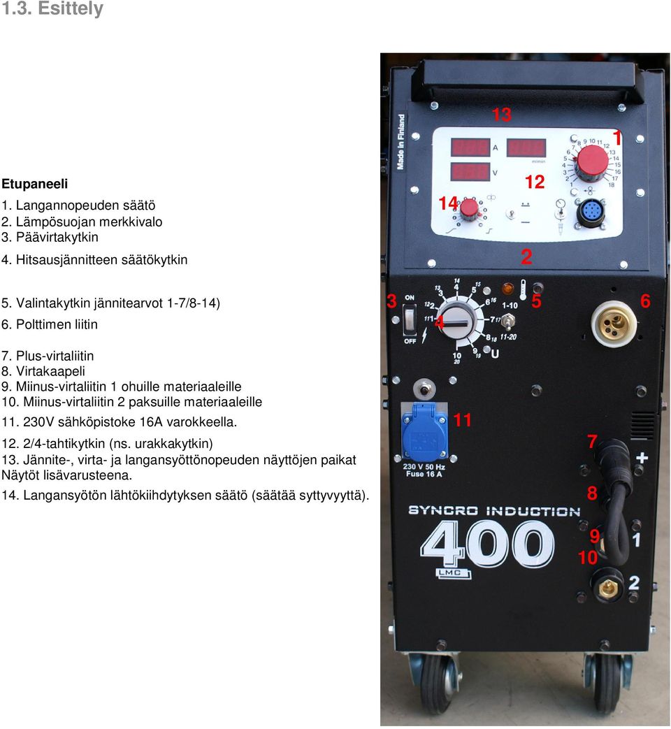 Miinus-virtaliitin 1 ohuille materiaaleille 10. Miinus-virtaliitin 2 paksuille materiaaleille 11. 230V sähköpistoke 16A varokkeella. 11 12.