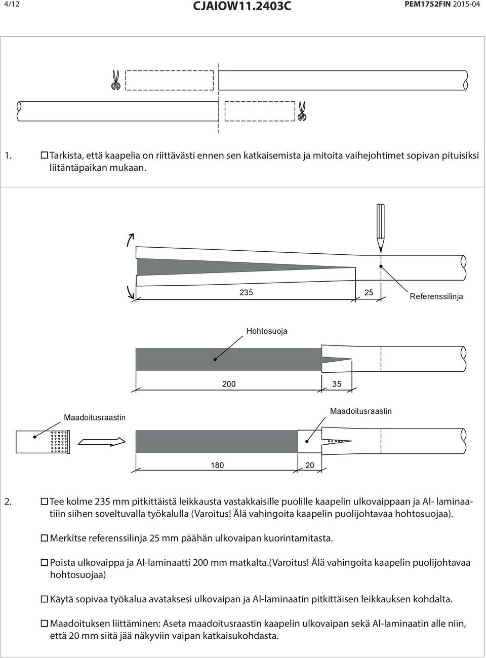 Tee kolme 235 mm pitkittäistä leikkausta vastakkaisille puolille kaapelin ulkovaippaan ja Al- laminaatiiin siihen soveltuvalla työkalulla (Varoitus! Älä vahingoita kaapelin puolijohtavaa hohtosuojaa).